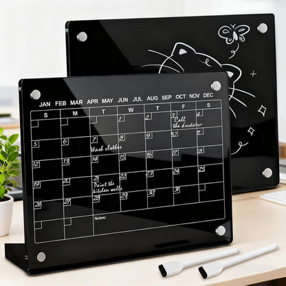 2PCS Clear Acrylic Calendar Dry Erase Board with Stand for Desk, 16x12 Large Desktop Monthly Whiteboard Magnetic Memo Board for Fridge, Office, School, Home