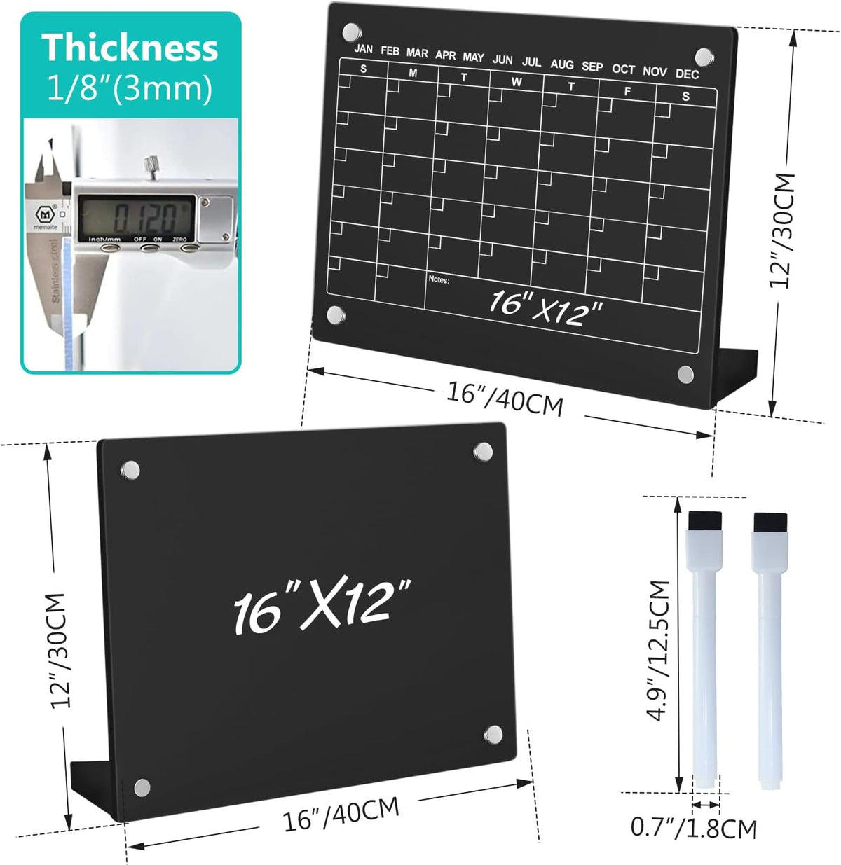 2PCS Clear Acrylic Calendar Dry Erase Board with Stand for Desk, 16x12 Large Desktop Monthly Whiteboard Magnetic Memo Board for Fridge, Office, School, Home