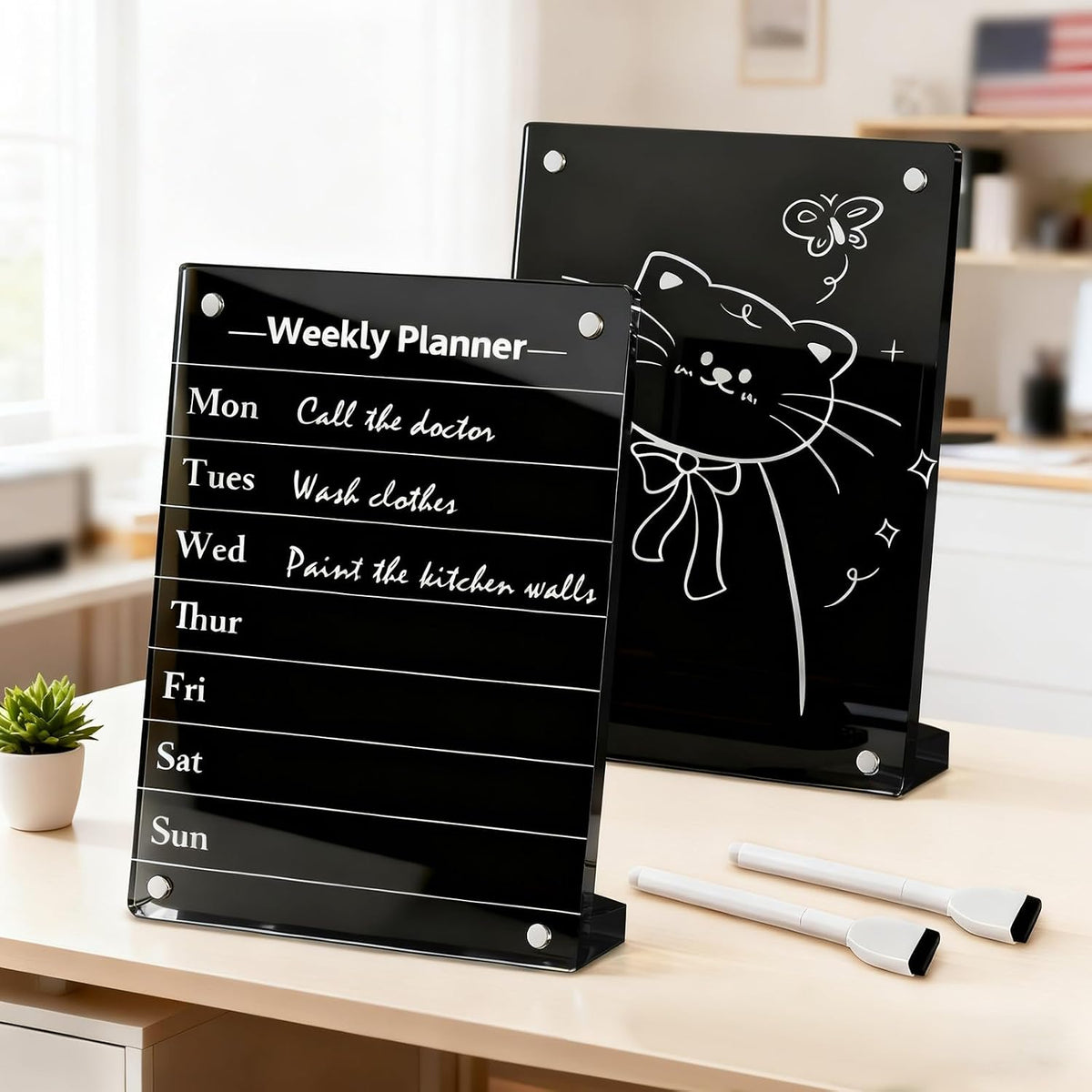 2PCS Clear Acrylic Calendar Dry Erase Board with Stand for Desk, 16x12 Large Desktop Monthly Whiteboard Magnetic Memo Board for Fridge, Office, School, Home
