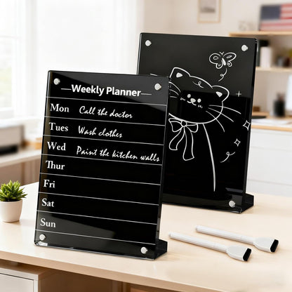 2PCS Clear Acrylic Calendar Dry Erase Board with Stand for Desk, 16x12 Large Desktop Monthly Whiteboard Magnetic Memo Board for Fridge, Office, School, Home