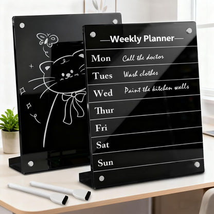 2PCS Clear Acrylic Calendar Dry Erase Board with Stand for Desk, 16x12 Large Desktop Monthly Whiteboard Magnetic Memo Board for Fridge, Office, School, Home