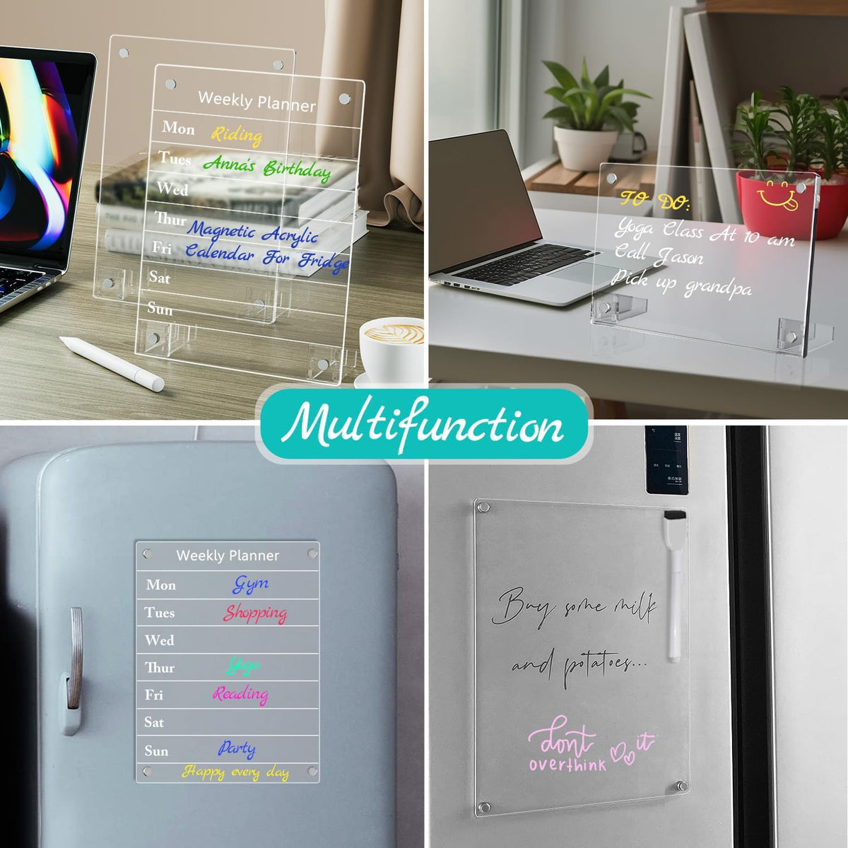 2PCS Clear Acrylic Calendar Dry Erase Board with Stand for Desk, 16x12 Large Desktop Monthly Whiteboard Magnetic Memo Board for Fridge, Office, School, Home
