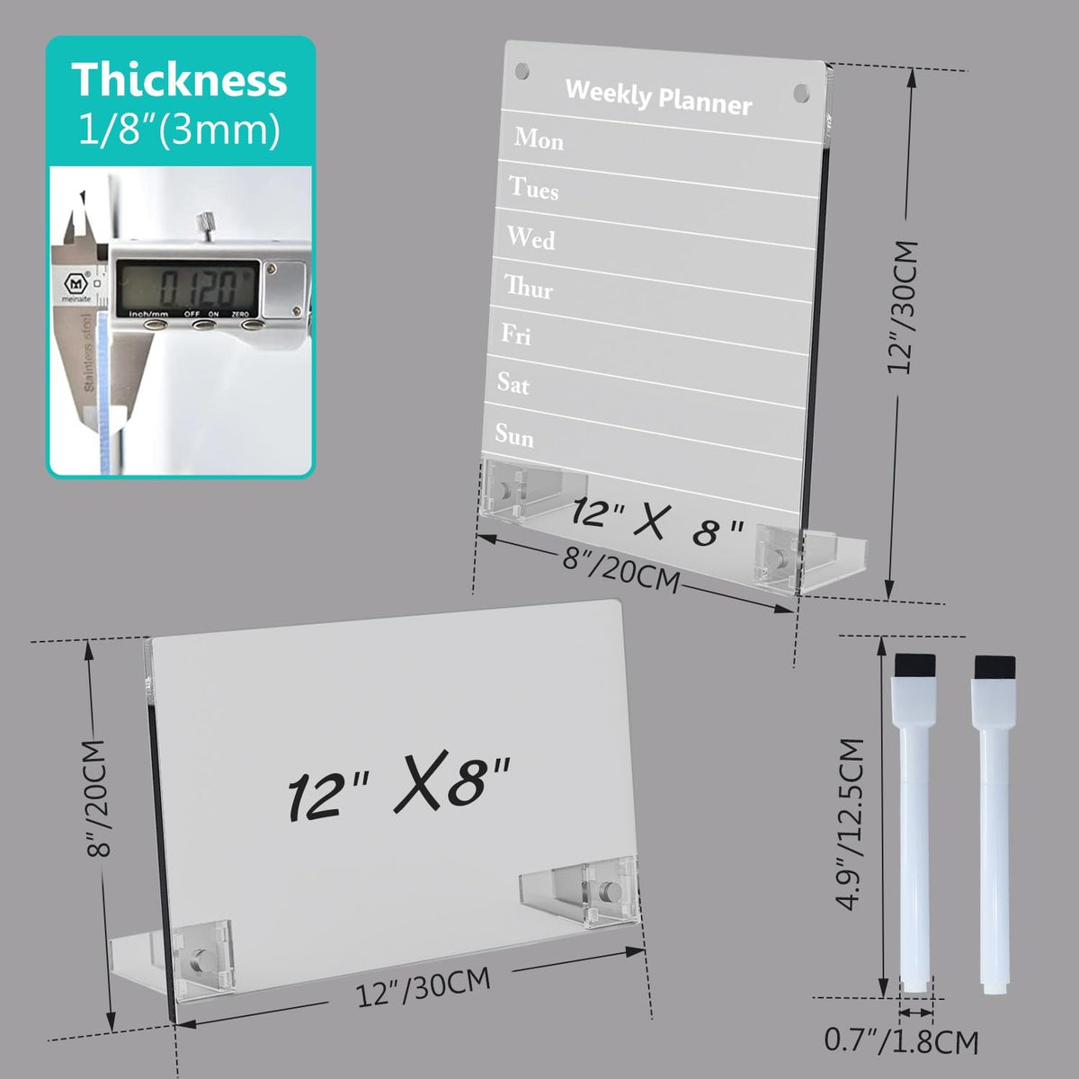 2PCS Clear Acrylic Calendar Dry Erase Board with Stand for Desk, 16x12 Large Desktop Monthly Whiteboard Magnetic Memo Board for Fridge, Office, School, Home