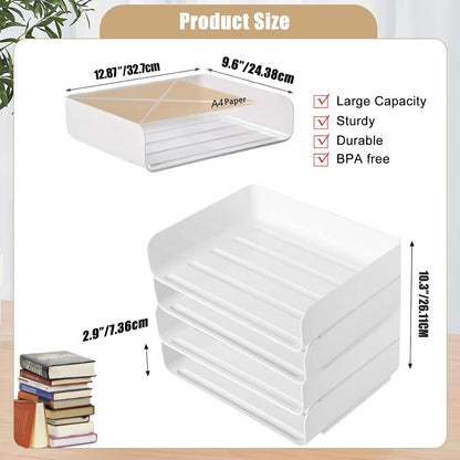 4 Tier Desk Organizer, Stackable Paper Tray Organizer for Document, Letter, A4 File Paper, Desk Accessories, Notes, Pens (White, 4 Pack)