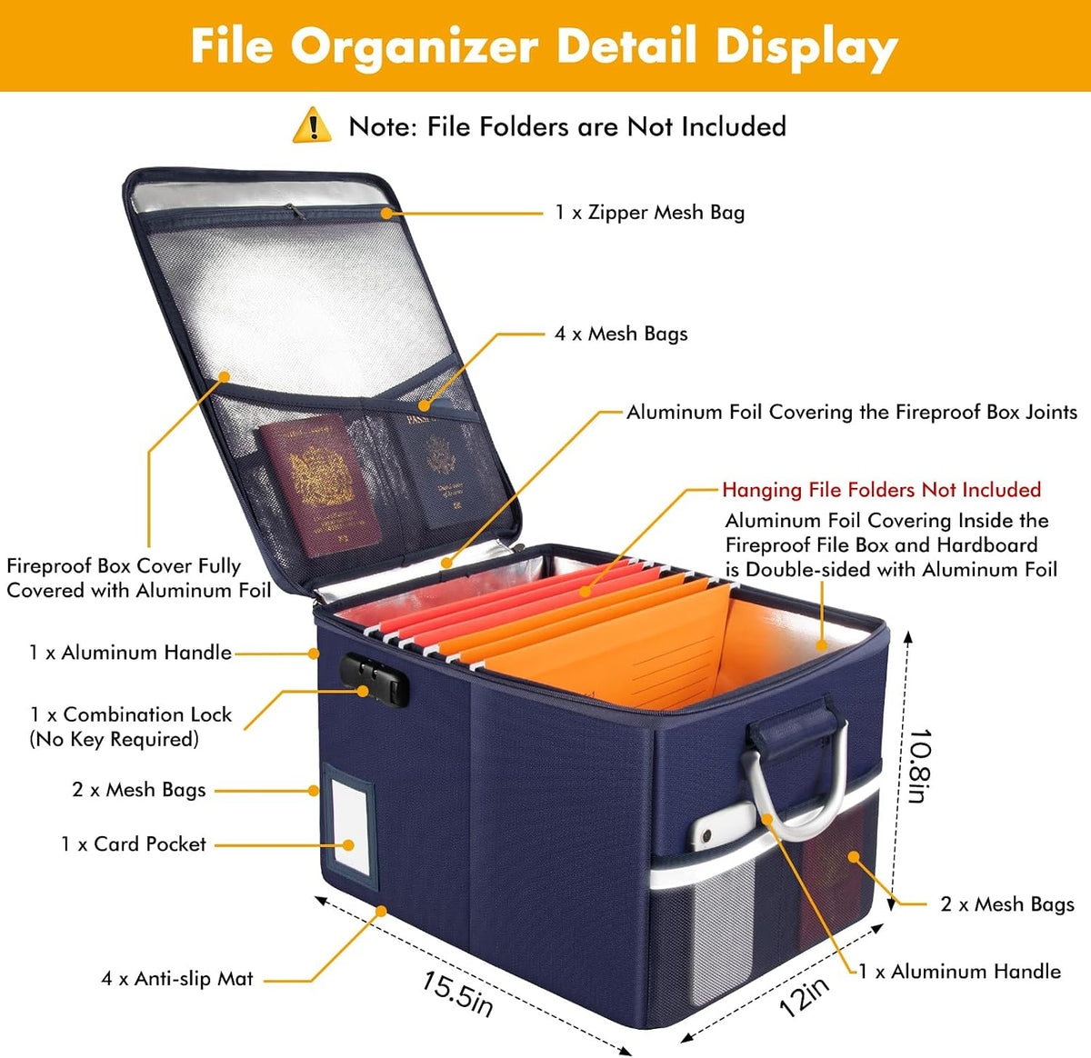 TOMKID Fireproof Document Box, Fireproof File Box with Lids, Important Document Organizer Box with Lock, Portable File Folder Organizer with Handle, 1 Folder (Random Color)