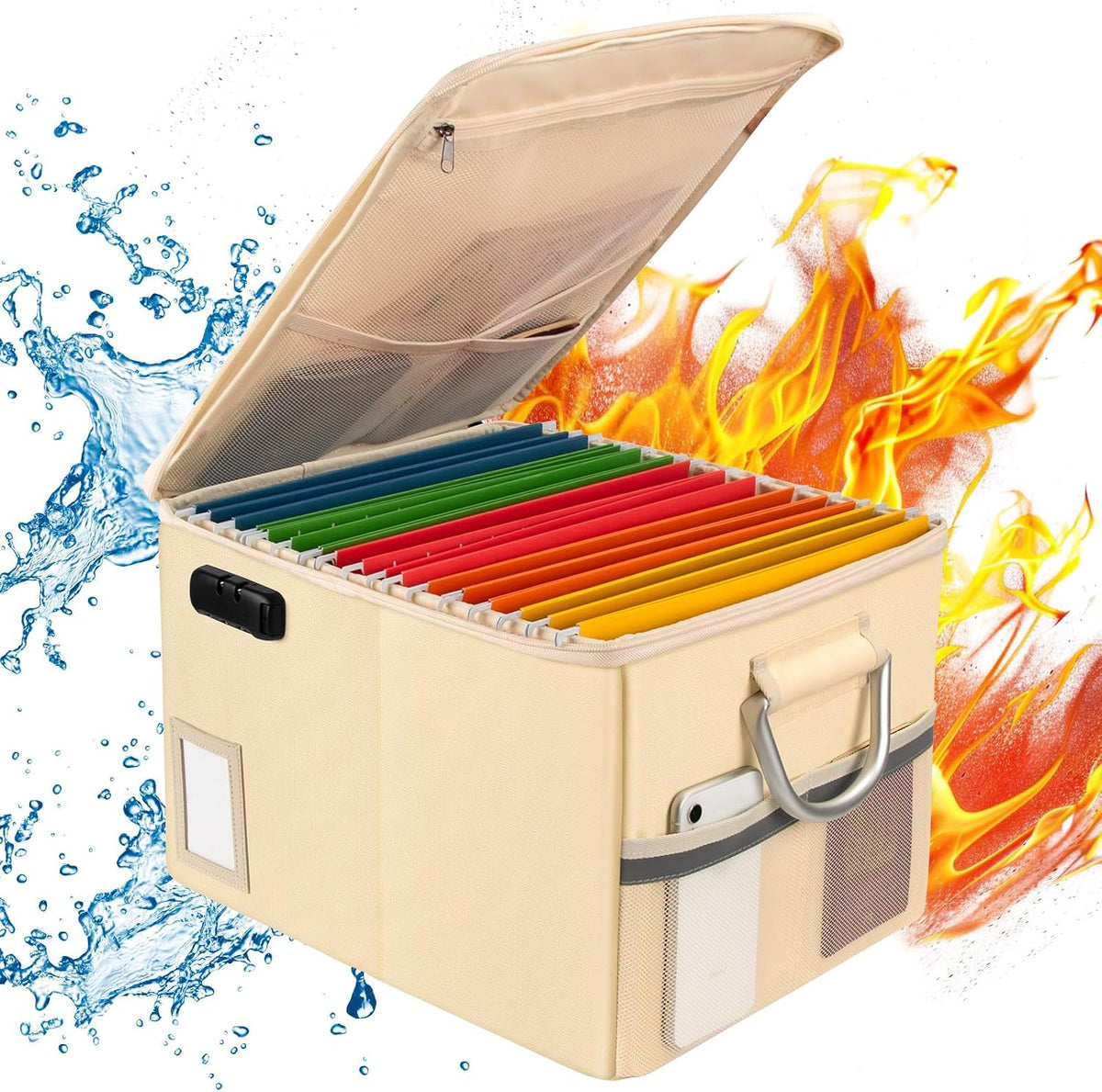 TOMKID Fireproof Document Box, Fireproof File Box with Lids, Important Document Organizer Box with Lock, Portable File Folder Organizer with Handle, 1 Folder (Random Color)
