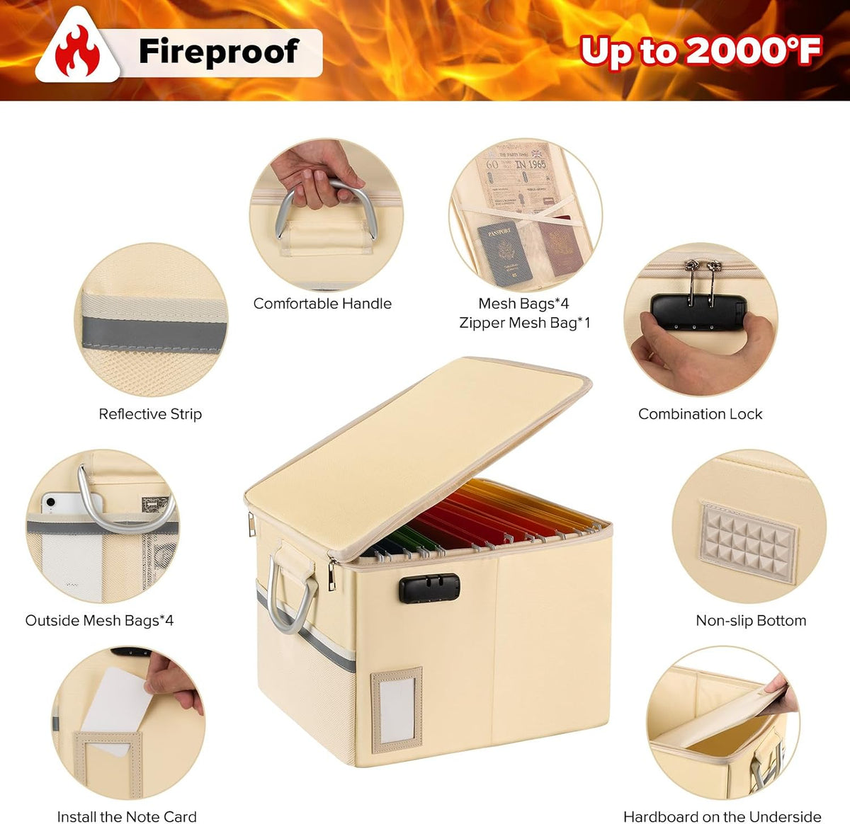 TOMKID Fireproof Document Box, Fireproof File Box with Lids, Important Document Organizer Box with Lock, Portable File Folder Organizer with Handle, 1 Folder (Random Color)