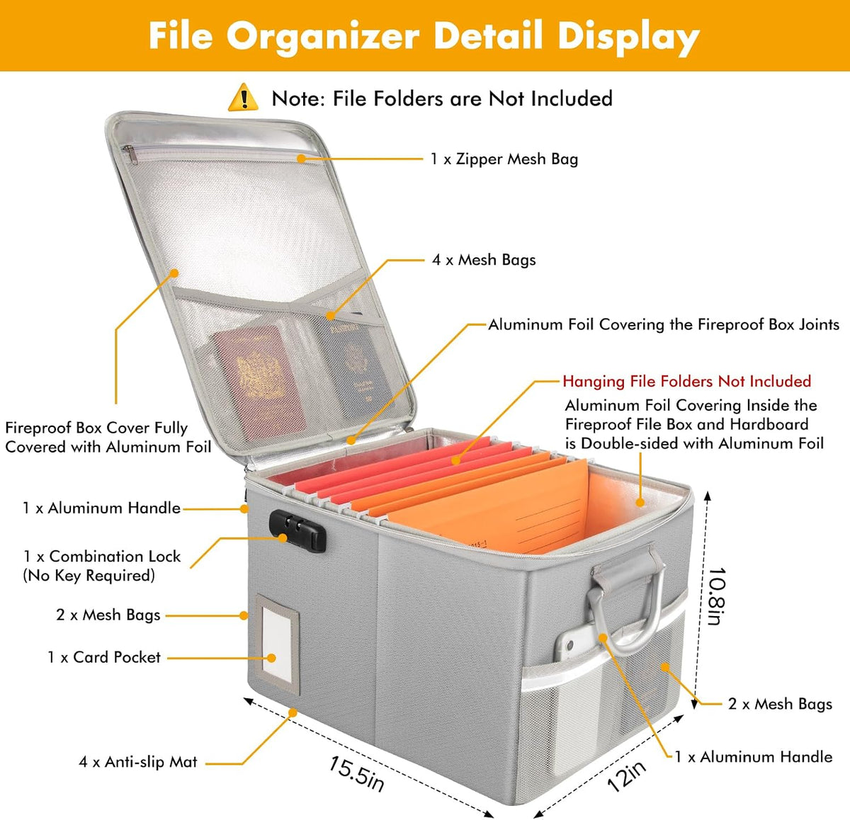 TOMKID Fireproof Document Box, Fireproof File Box with Lids, Important Document Organizer Box with Lock, Portable File Folder Organizer with Handle, 1 Folder (Random Color)