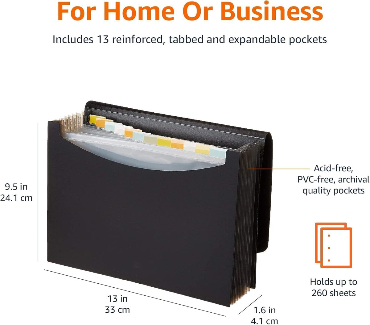 Expanding Accordion File Organizer, Letter Size, 13 Compartments, Large Capacity Document Storage, Waterproof, Black, 1-Pack