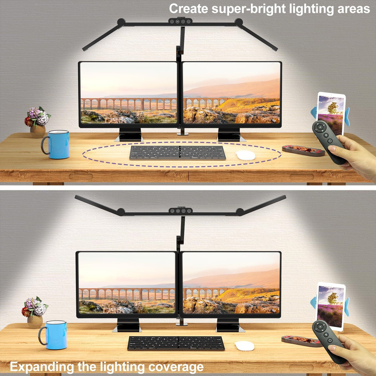Led Desk Lamp with Clamp, Architect Desk Lamp for Home Office with Atmosphere Lighting, 24W Ultra Bright Auto Dimming Computer Light Stepless Dimming and Tempering LED Table Light