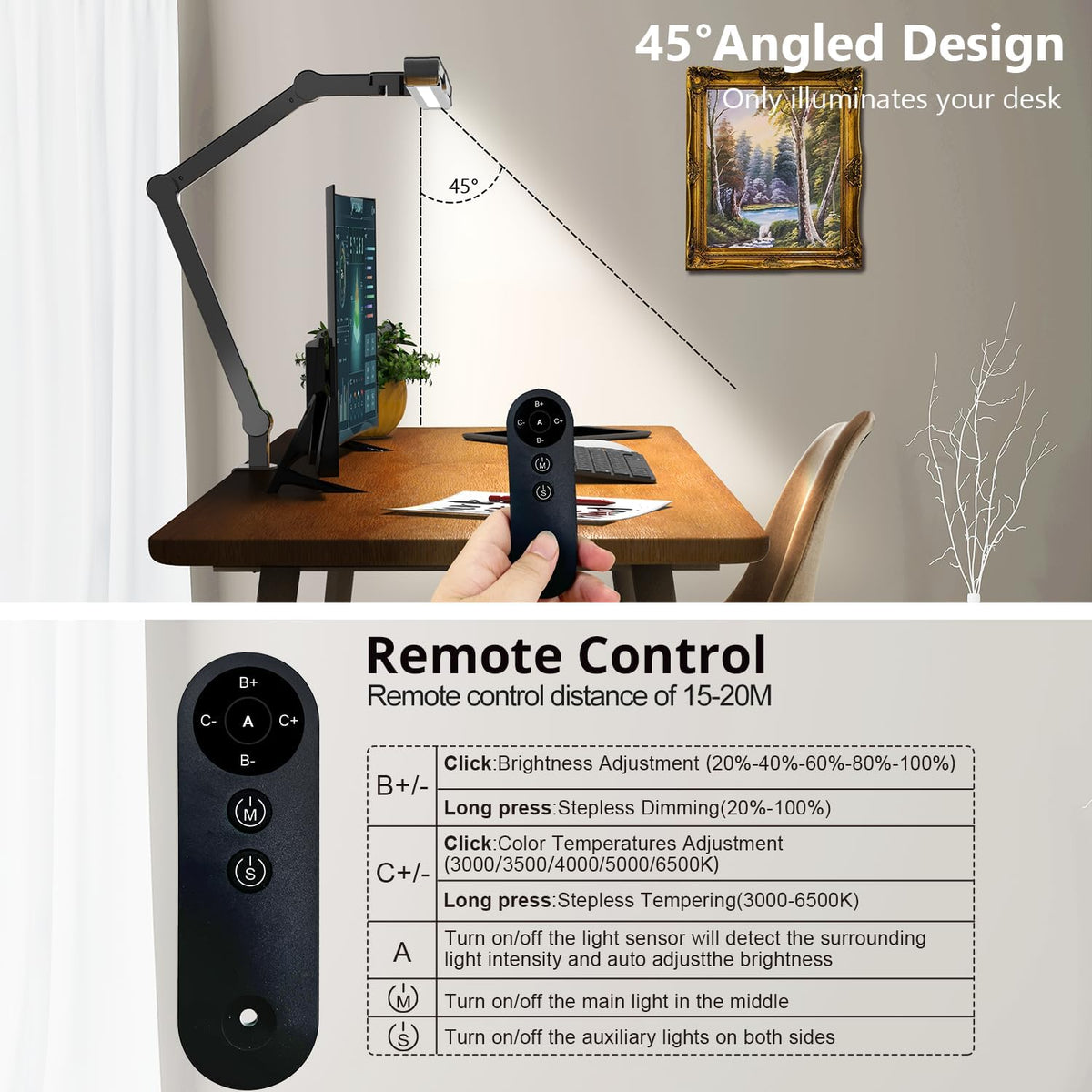 Led Desk Lamp with Clamp, Architect Desk Lamp for Home Office with Atmosphere Lighting, 24W Ultra Bright Auto Dimming Computer Light Stepless Dimming and Tempering LED Table Light