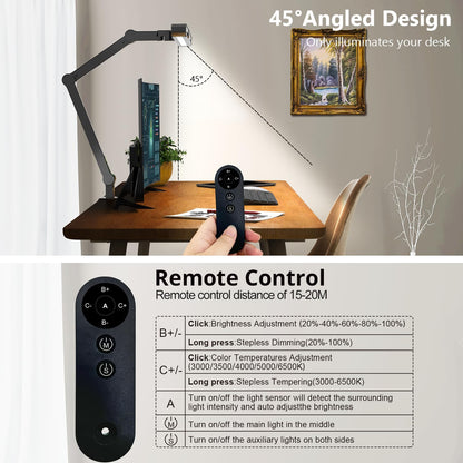 Led Desk Lamp with Clamp, Architect Desk Lamp for Home Office with Atmosphere Lighting, 24W Ultra Bright Auto Dimming Computer Light Stepless Dimming and Tempering LED Table Light