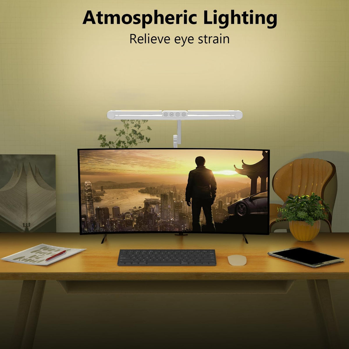 Led Desk Lamp with Clamp, Architect Desk Lamp for Home Office with Atmosphere Lighting, 24W Ultra Bright Auto Dimming Computer Light Stepless Dimming and Tempering LED Table Light