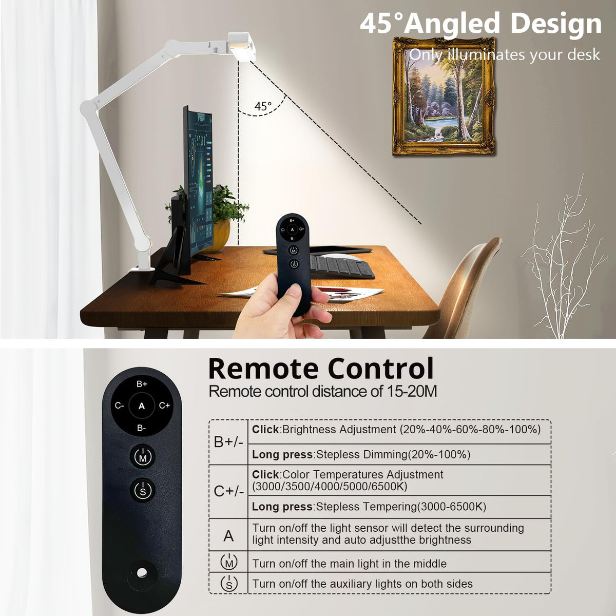 Led Desk Lamp with Clamp, Architect Desk Lamp for Home Office with Atmosphere Lighting, 24W Ultra Bright Auto Dimming Computer Light Stepless Dimming and Tempering LED Table Light