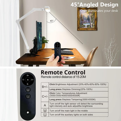 Led Desk Lamp with Clamp, Architect Desk Lamp for Home Office with Atmosphere Lighting, 24W Ultra Bright Auto Dimming Computer Light Stepless Dimming and Tempering LED Table Light