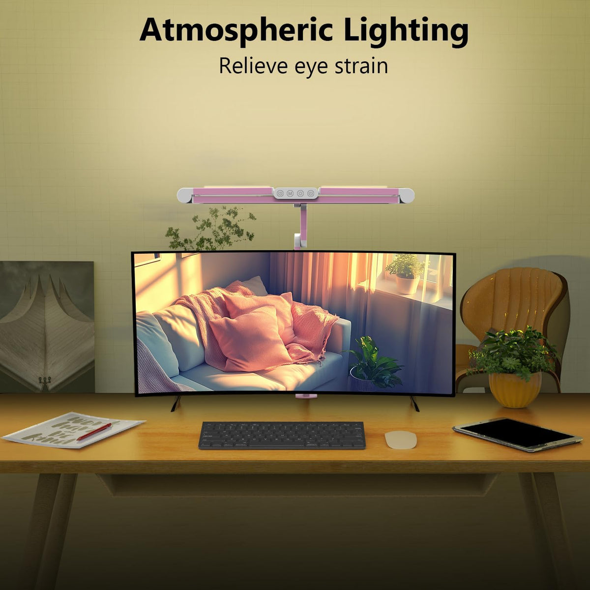 Led Desk Lamp with Clamp, Architect Desk Lamp for Home Office with Atmosphere Lighting, 24W Ultra Bright Auto Dimming Computer Light Stepless Dimming and Tempering LED Table Light