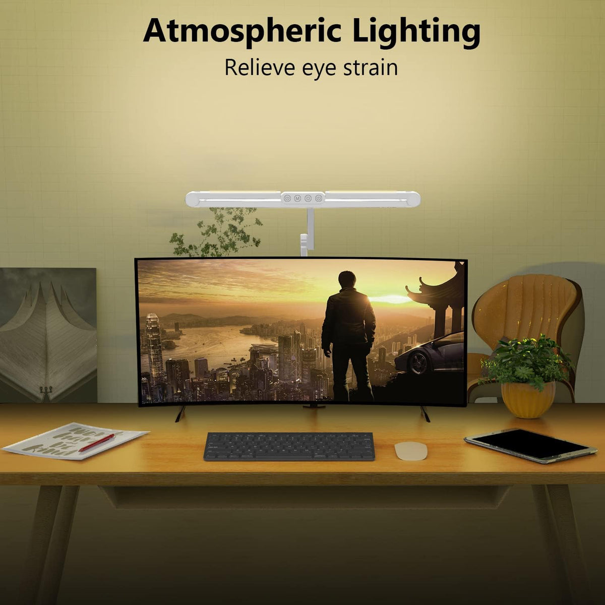 Led Desk Lamp with Clamp, Architect Desk Lamp for Home Office with Atmosphere Lighting, 24W Ultra Bright Auto Dimming Computer Light Stepless Dimming and Tempering LED Table Light