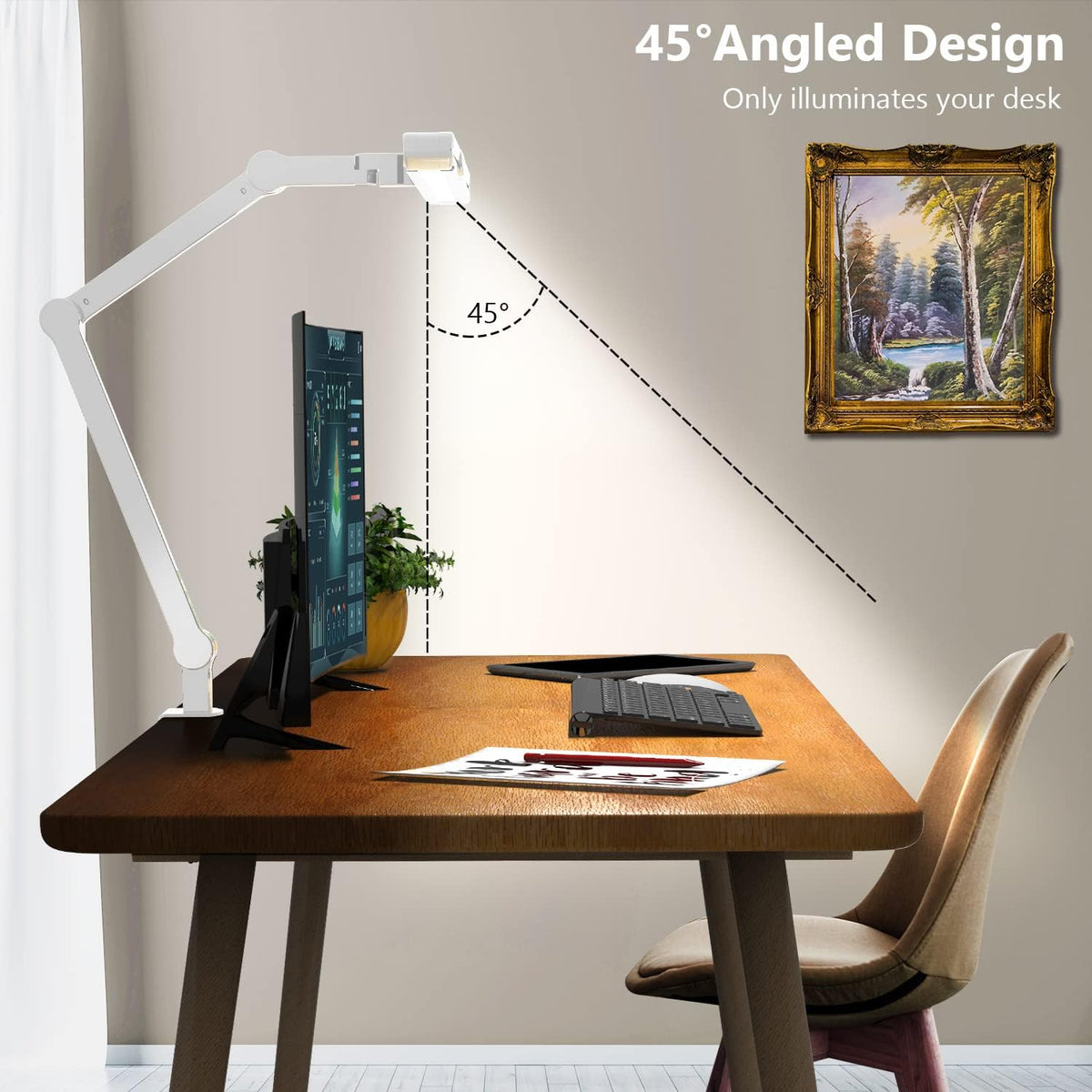 Led Desk Lamp with Clamp, Architect Desk Lamp for Home Office with Atmosphere Lighting, 24W Ultra Bright Auto Dimming Computer Light Stepless Dimming and Tempering LED Table Light