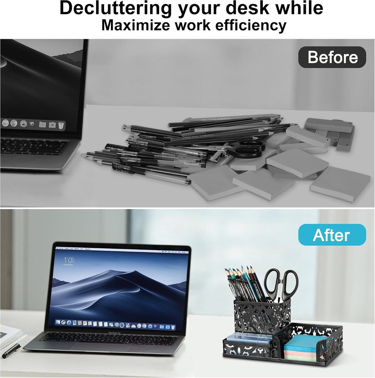 Desk Organizer with 3 Compartment for Pencil Sticky Note Holder and Office Accessories,Black