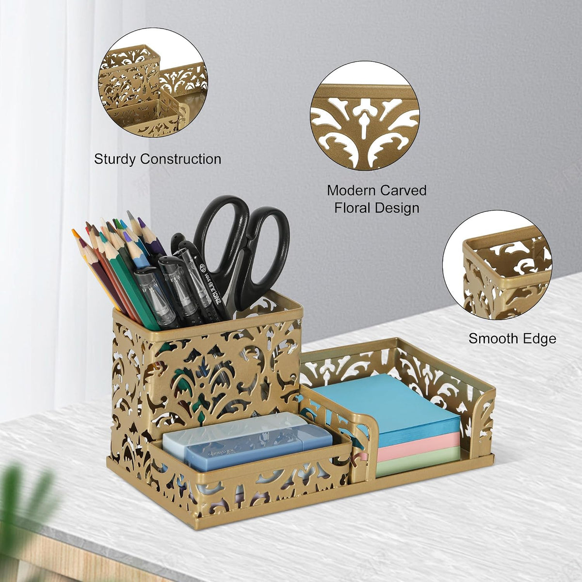 Desk Organizer with 3 Compartment for Pencil Sticky Note Holder and Office Accessories,Black