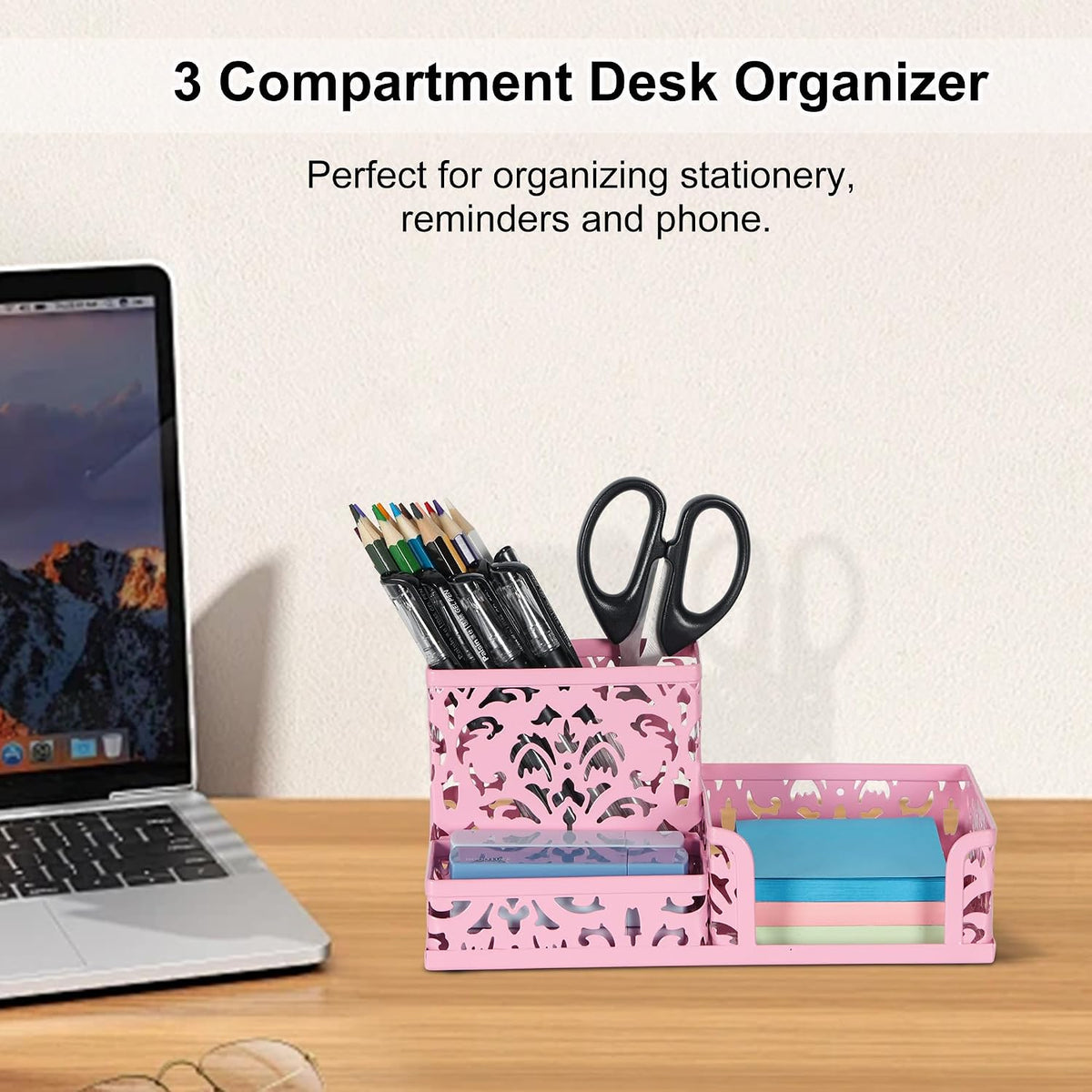 Desk Organizer with 3 Compartment for Pencil Sticky Note Holder and Office Accessories,Black