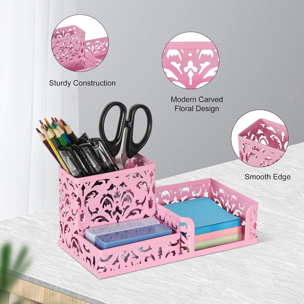 Desk Organizer with 3 Compartment for Pencil Sticky Note Holder and Office Accessories,Black