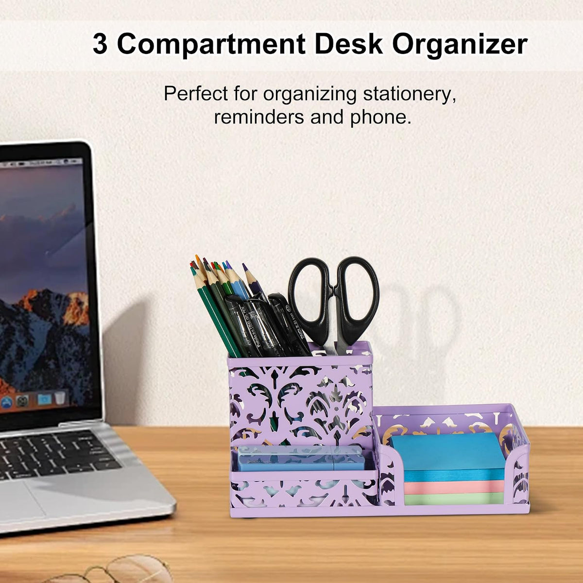 Desk Organizer with 3 Compartment for Pencil Sticky Note Holder and Office Accessories,Black