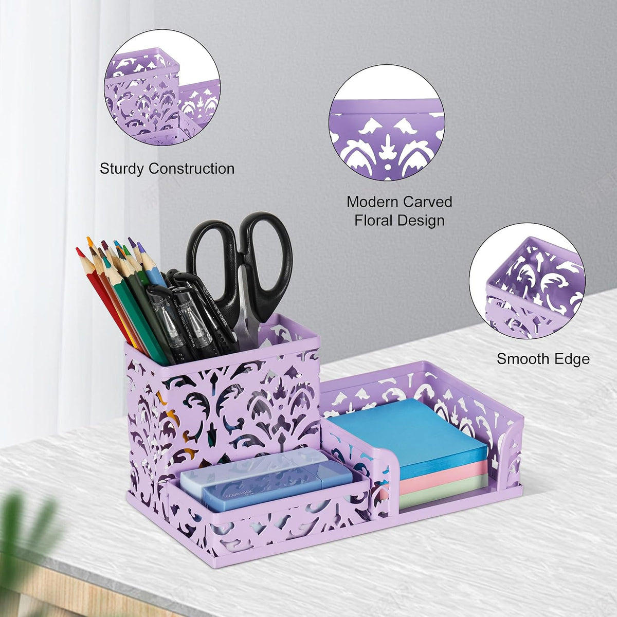Desk Organizer with 3 Compartment for Pencil Sticky Note Holder and Office Accessories,Black