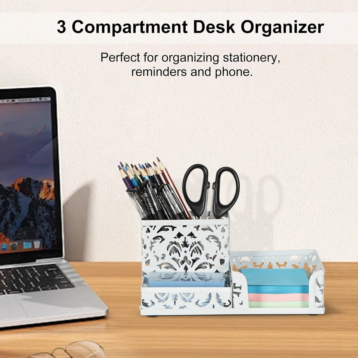 Desk Organizer with 3 Compartment for Pencil Sticky Note Holder and Office Accessories,Black