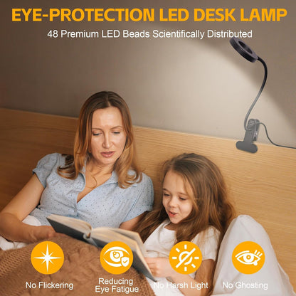 Desk Lamp Clip on Light, 48 LED USB Lamp with 3 Color Modes 10 Brightness Levels, 360° Flexible Gooseneck Eye Protection Bed Night Light for Reading, Makeup, Craft (Black)