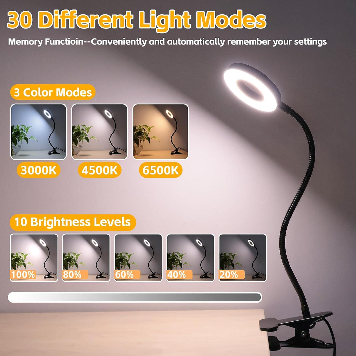 Desk Lamp Clip on Light, 48 LED USB Lamp with 3 Color Modes 10 Brightness Levels, 360° Flexible Gooseneck Eye Protection Bed Night Light for Reading, Makeup, Craft (Black)
