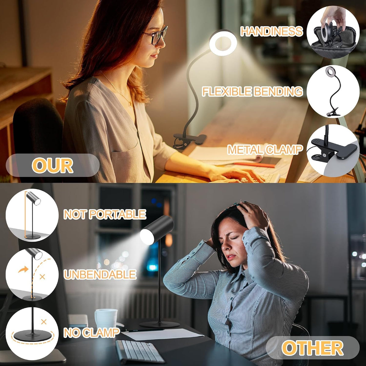 Desk Lamp Clip on Light, 48 LED USB Lamp with 3 Color Modes 10 Brightness Levels, 360° Flexible Gooseneck Eye Protection Bed Night Light for Reading, Makeup, Craft (Black)