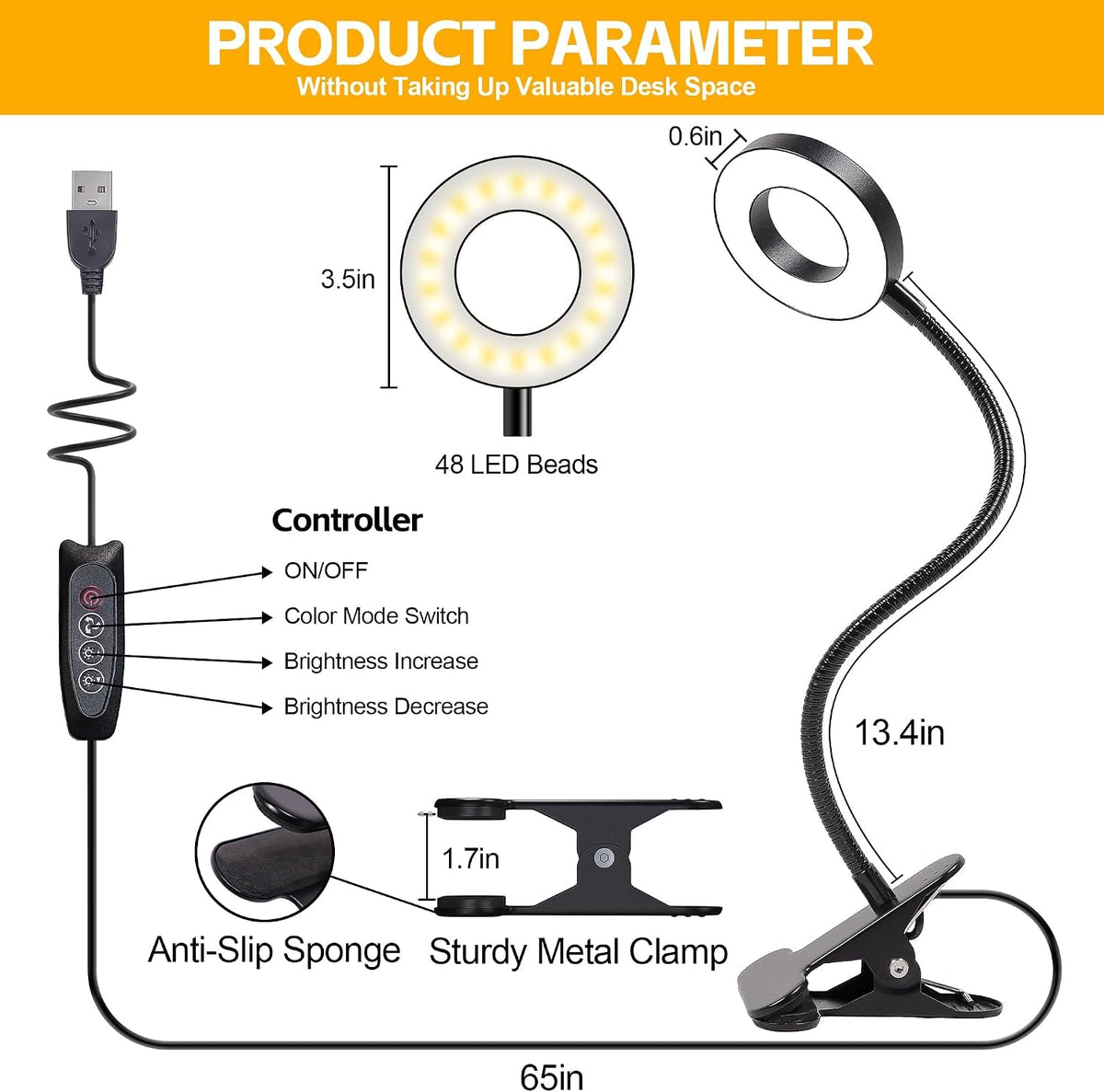 Desk Lamp Clip on Light, 48 LED USB Lamp with 3 Color Modes 10 Brightness Levels, 360° Flexible Gooseneck Eye Protection Bed Night Light for Reading, Makeup, Craft (Black)