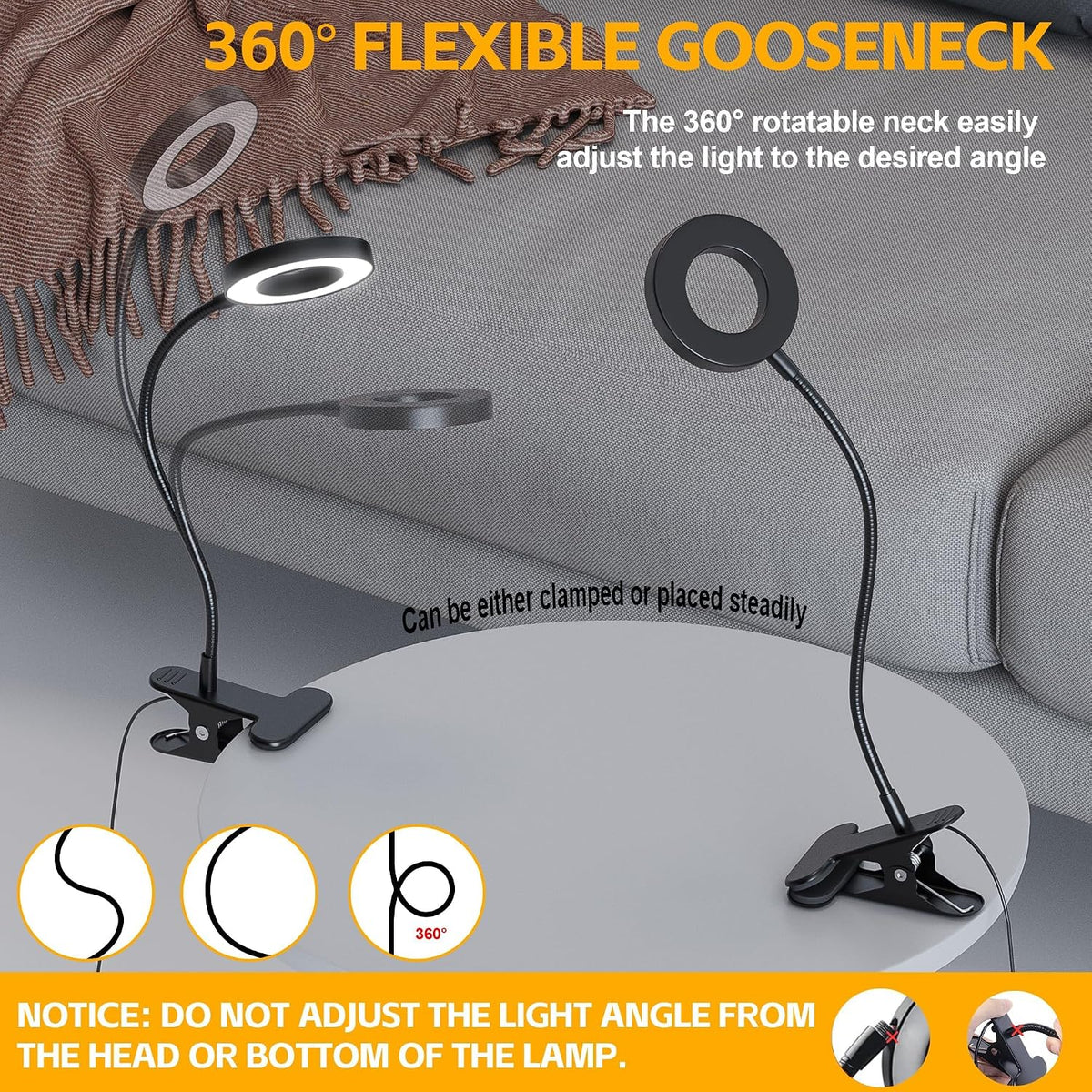 Desk Lamp Clip on Light, 48 LED USB Lamp with 3 Color Modes 10 Brightness Levels, 360° Flexible Gooseneck Eye Protection Bed Night Light for Reading, Makeup, Craft (Black)