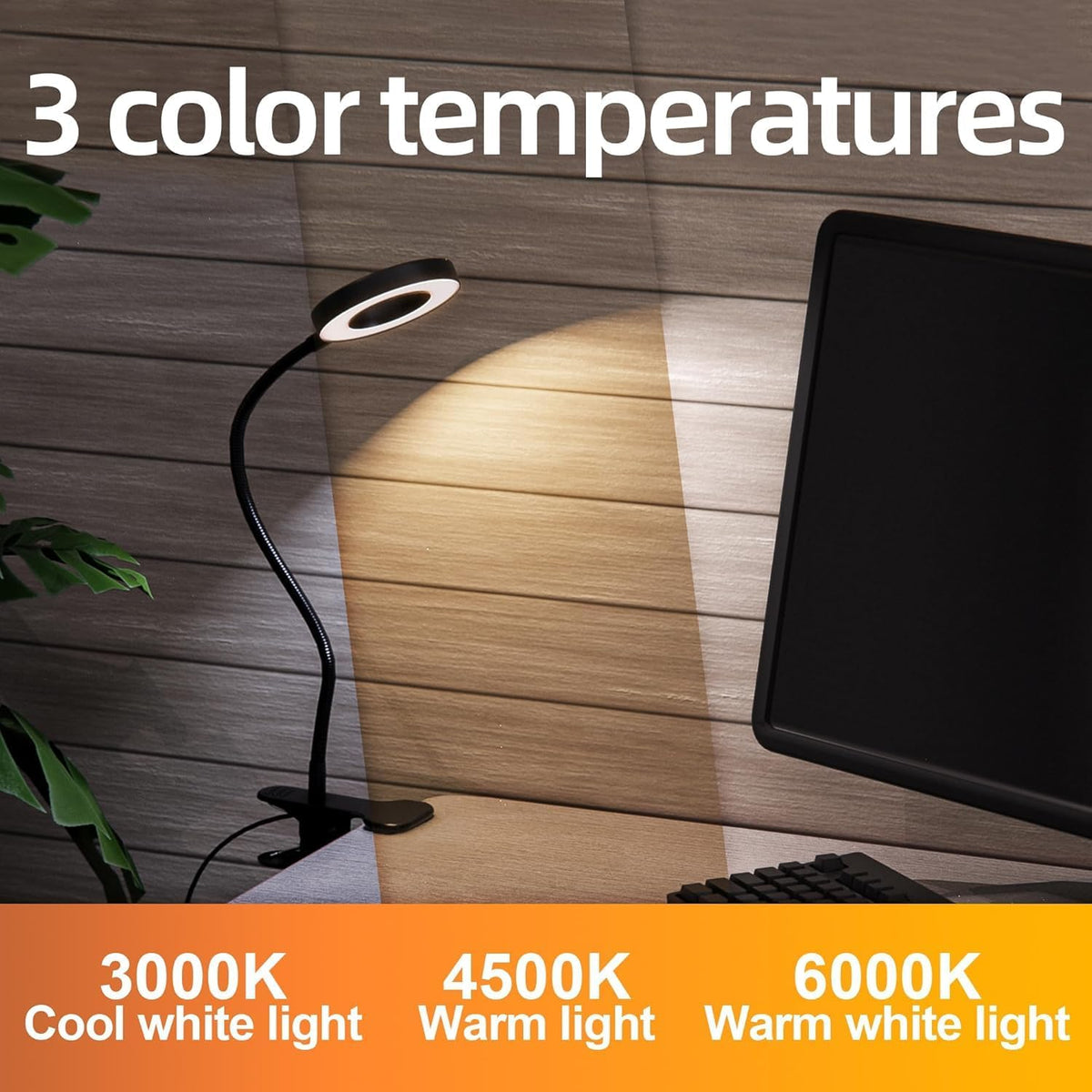 Desk Lamp Clip on Light, 48 LED USB Lamp with 3 Color Modes 10 Brightness Levels, 360° Flexible Gooseneck Eye Protection Bed Night Light for Reading, Makeup, Craft (Black)