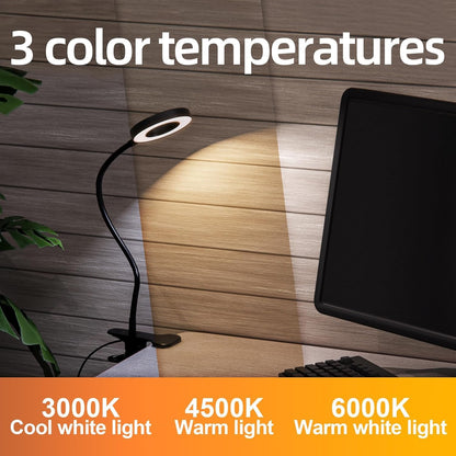 Desk Lamp Clip on Light, 48 LED USB Lamp with 3 Color Modes 10 Brightness Levels, 360° Flexible Gooseneck Eye Protection Bed Night Light for Reading, Makeup, Craft (Black)