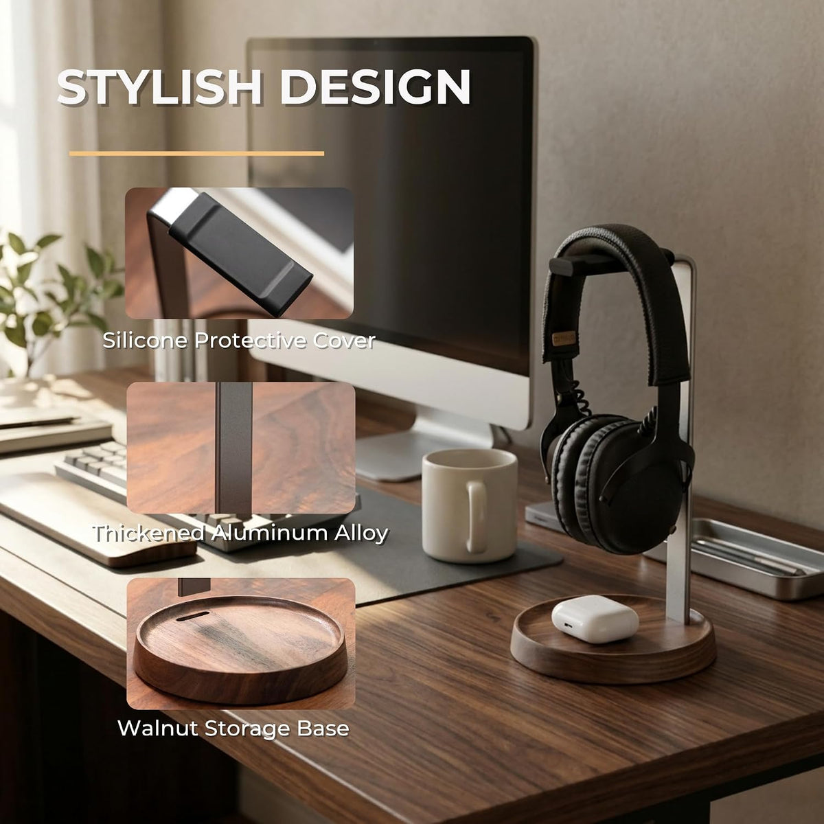 Walnut Desktop Headphone Stand with Storage Base
