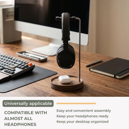 Walnut Desktop Headphone Stand with Storage Base