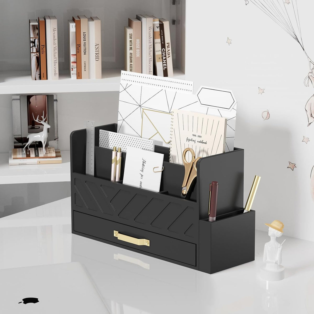 Bamboo Mail Organizer Countertop Pen Holder Wooden Desktop Storage Drawers