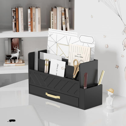 Bamboo Mail Organizer Countertop Pen Holder Wooden Desktop Storage Drawers