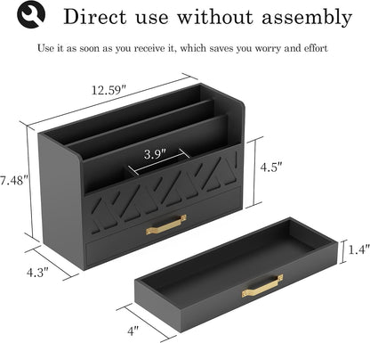 Bamboo Mail Organizer Countertop Pen Holder Wooden Desktop Storage Drawers
