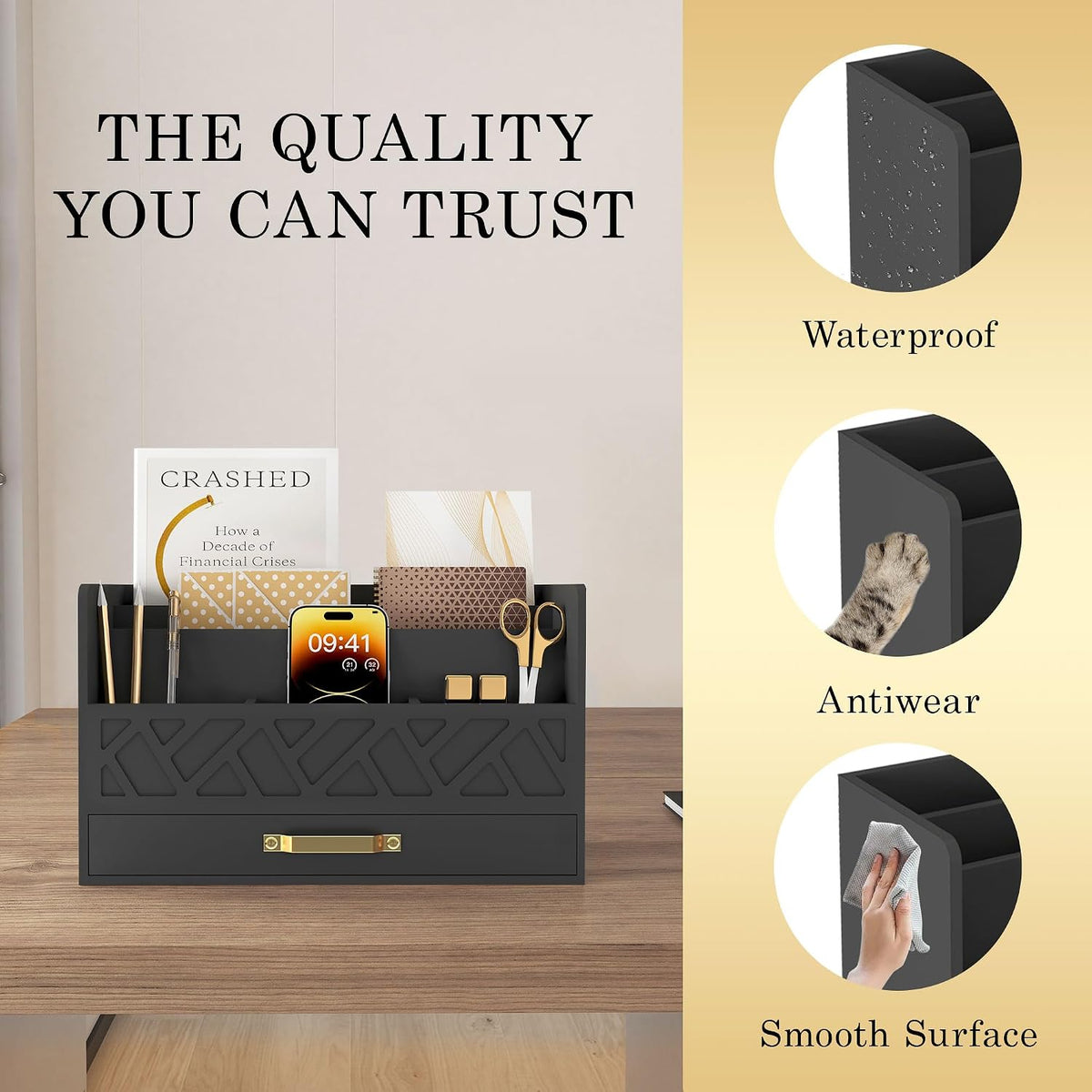 Bamboo Mail Organizer Countertop Pen Holder Wooden Desktop Storage Drawers