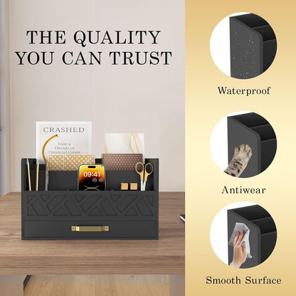 Bamboo Mail Organizer Countertop Pen Holder Wooden Desktop Storage Drawers