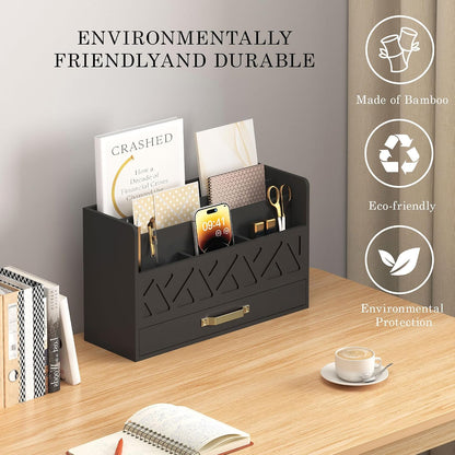 Bamboo Mail Organizer Countertop Pen Holder Wooden Desktop Storage Drawers