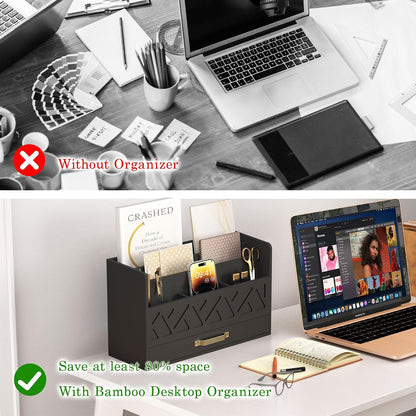 Bamboo Mail Organizer Countertop Pen Holder Wooden Desktop Storage Drawers