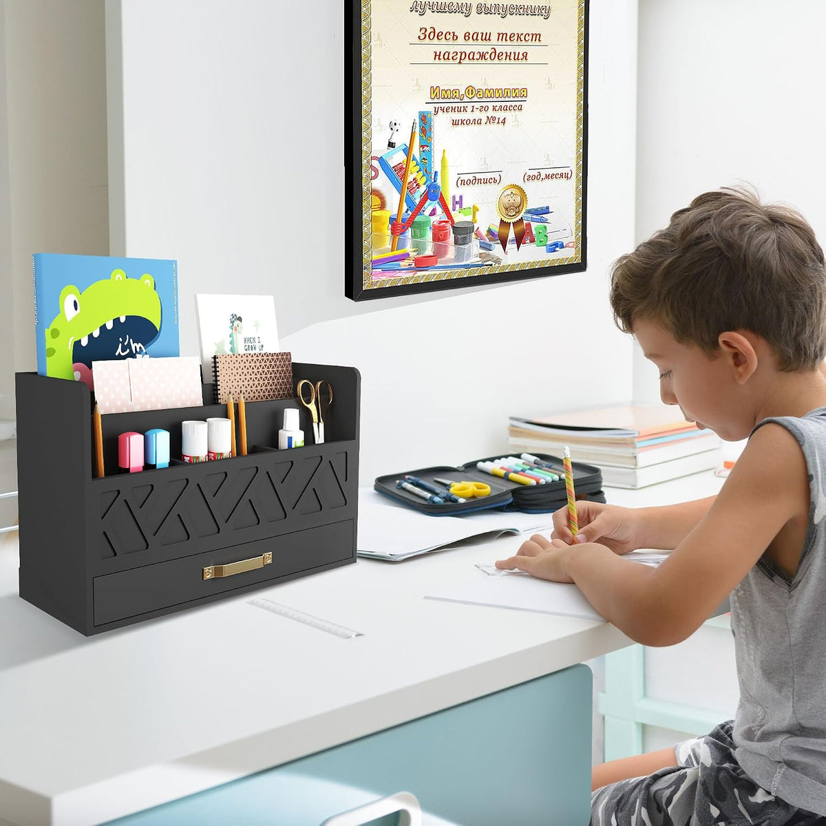 Bamboo Mail Organizer Countertop Pen Holder Wooden Desktop Storage Drawers