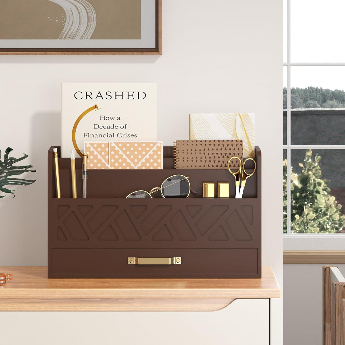 Bamboo Mail Organizer Countertop Pen Holder Wooden Desktop Storage Drawers
