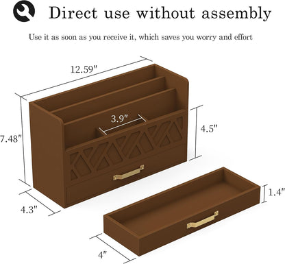 Bamboo Mail Organizer Countertop Pen Holder Wooden Desktop Storage Drawers