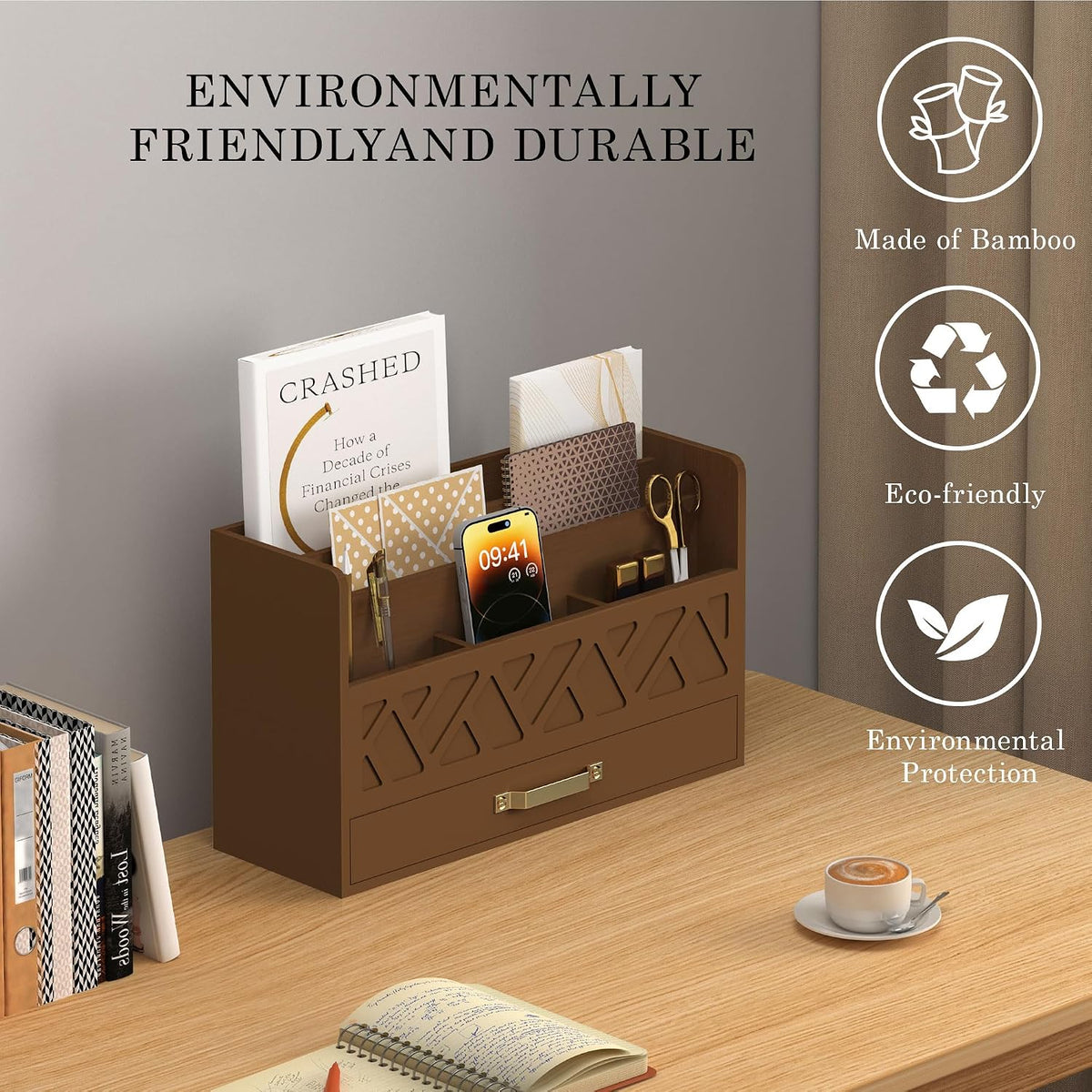 Bamboo Mail Organizer Countertop Pen Holder Wooden Desktop Storage Drawers