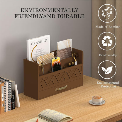 Bamboo Mail Organizer Countertop Pen Holder Wooden Desktop Storage Drawers
